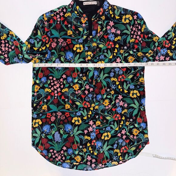 Alice + Olivia Eloise Silk Button Down Blouse Black Multi Color Floral Print  S - Picture 7 of 13